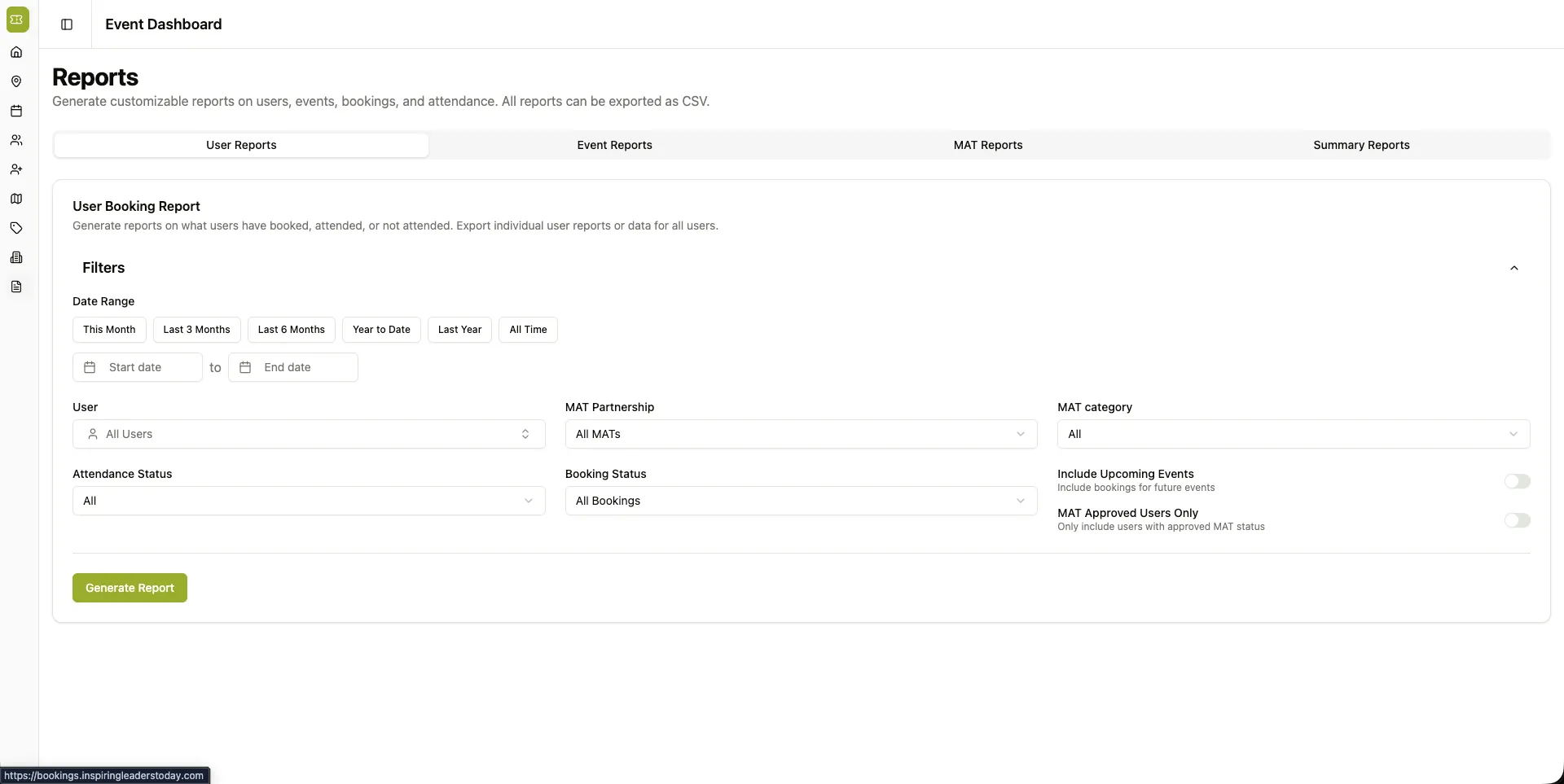 The reporting screen: tabs for user, event, MAT and summary reports, with date-range and status filters and a Generate Report action; every report exports as CSV.
