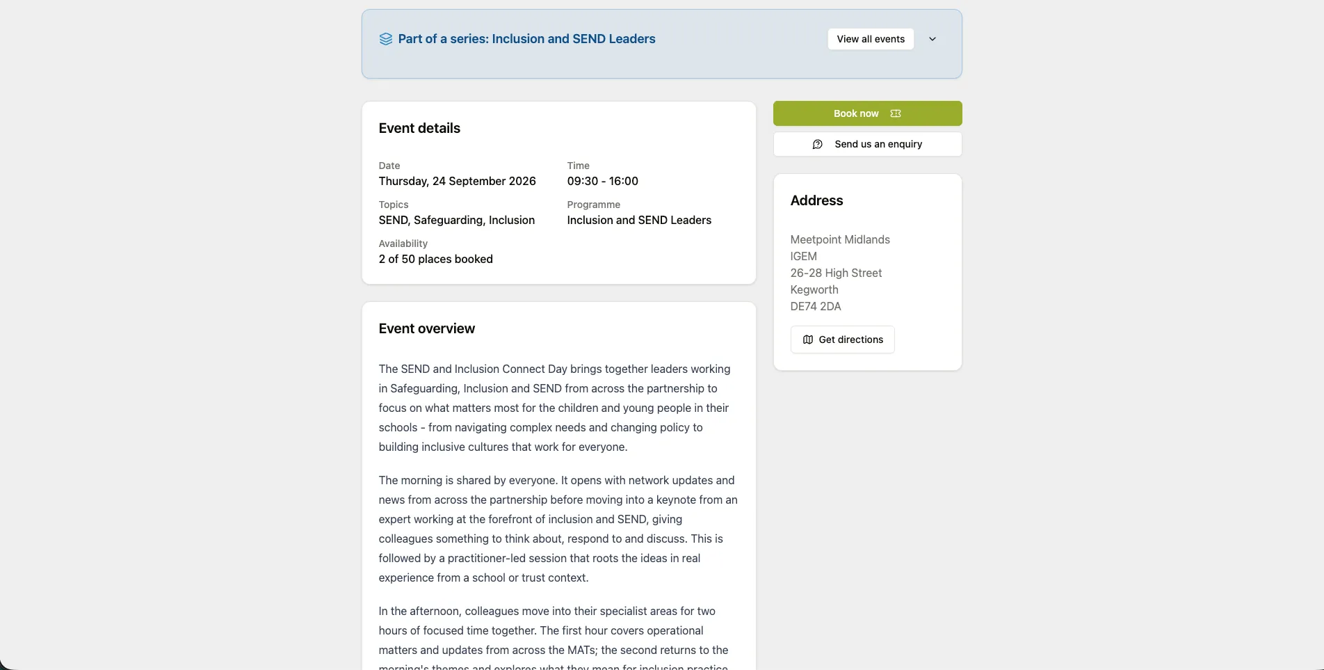 An event details page: date, time, topics and programme, an availability line reading “2 of 50 places booked”, the venue address with directions, and an event overview.