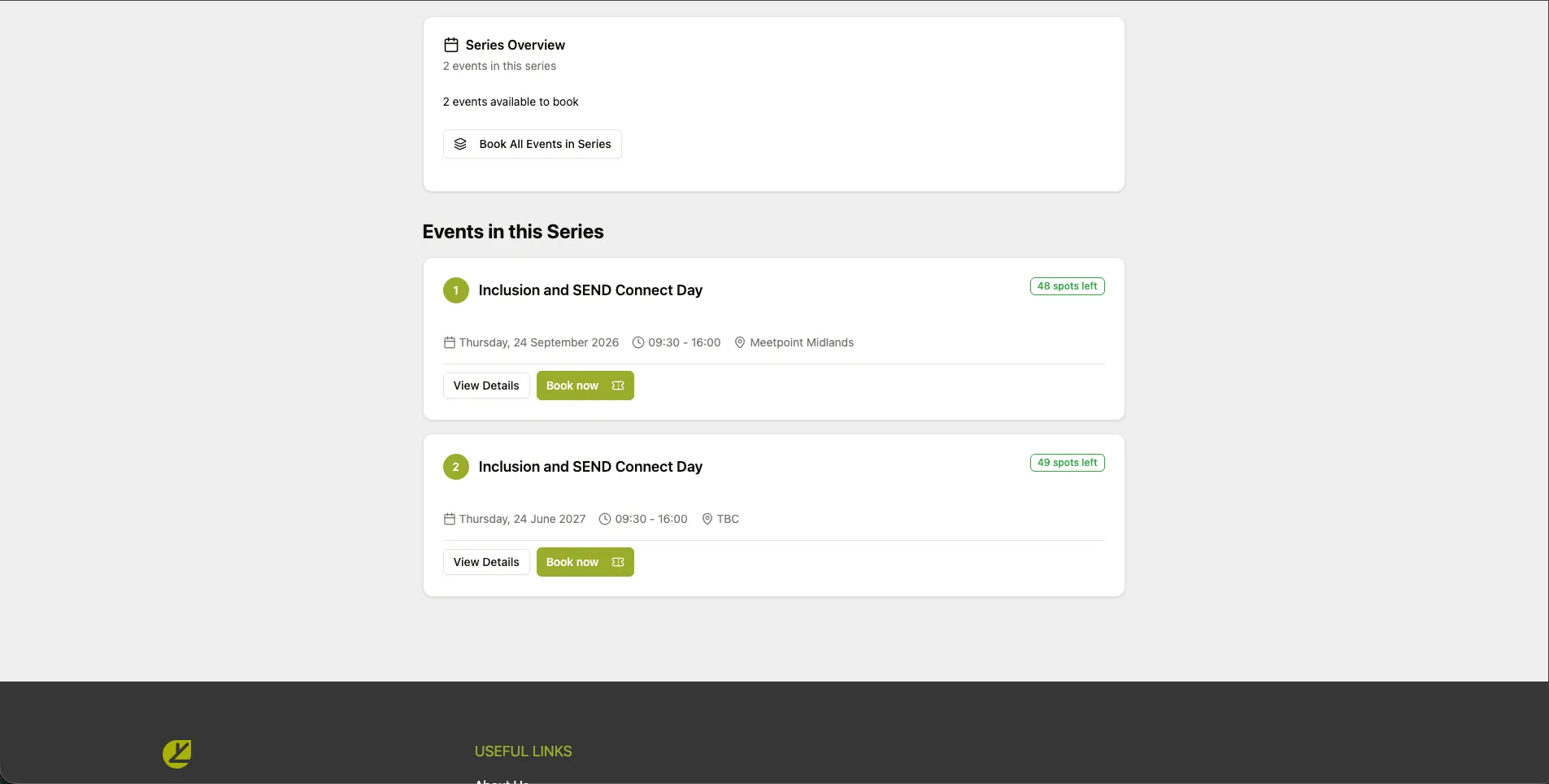 A series page: a Series Overview with a “Book All Events in Series” action, and the events in the series listed with “spots left” counts.