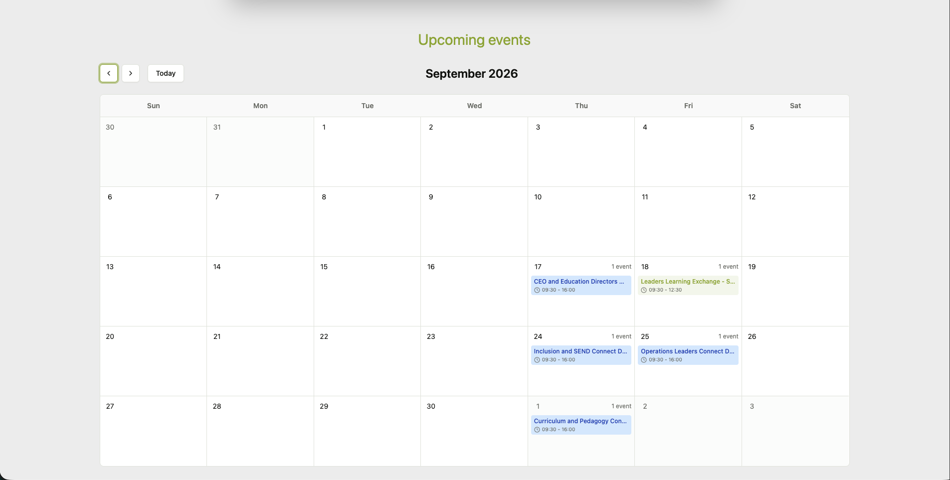 The same platform in calendar view, showing session capacity at a glance