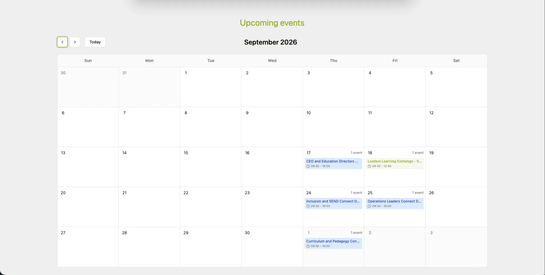 The calendar view: a month grid for September 2026 with CPD events placed on their dates and times.