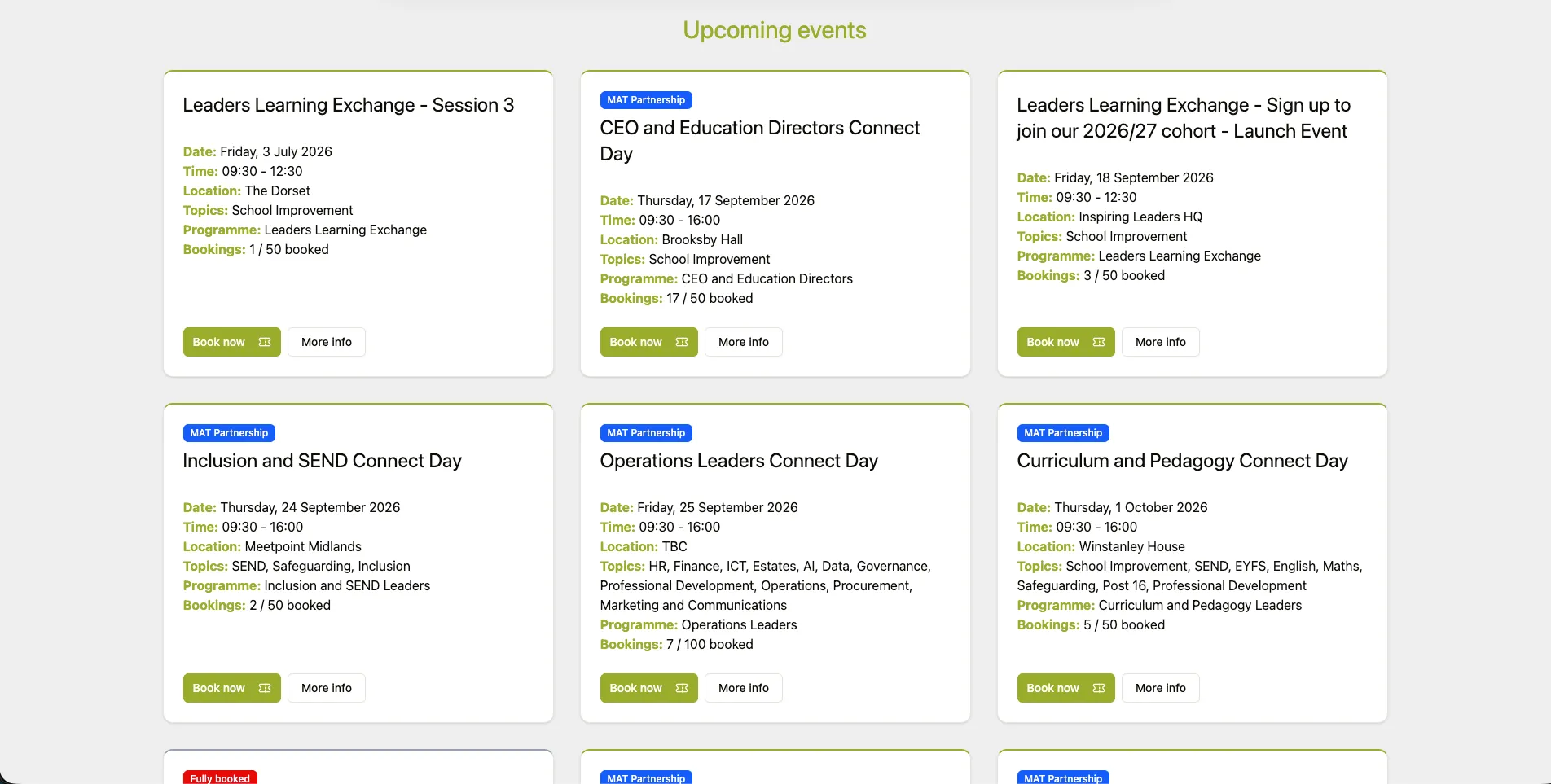 The grid view: upcoming CPD sessions as cards, each showing date, location, topics and a live “x / 50 booked” count, with Book now and More info, plus a red “Fully booked” state.