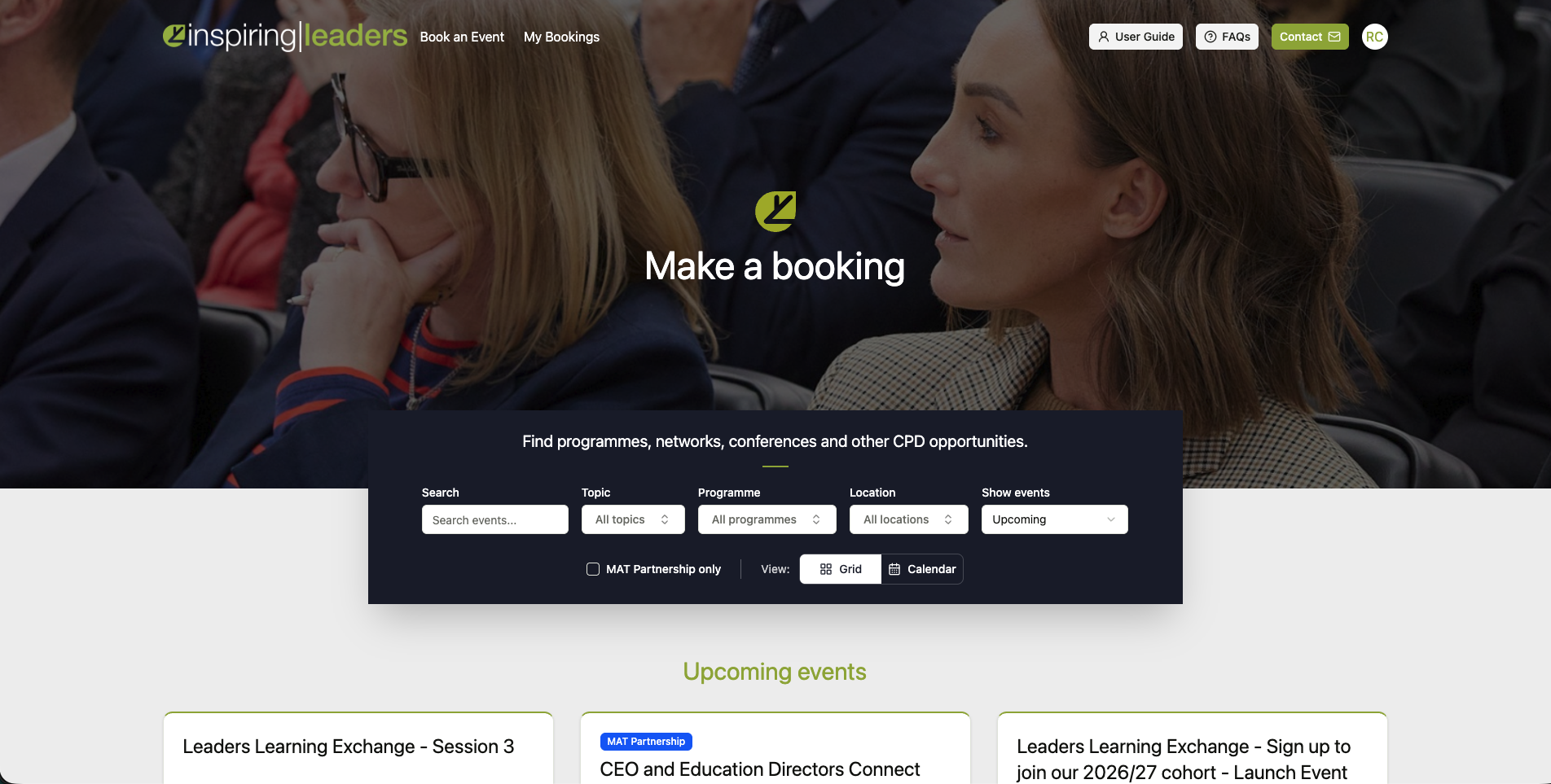 The Inspiring Leaders Today booking platform homepage