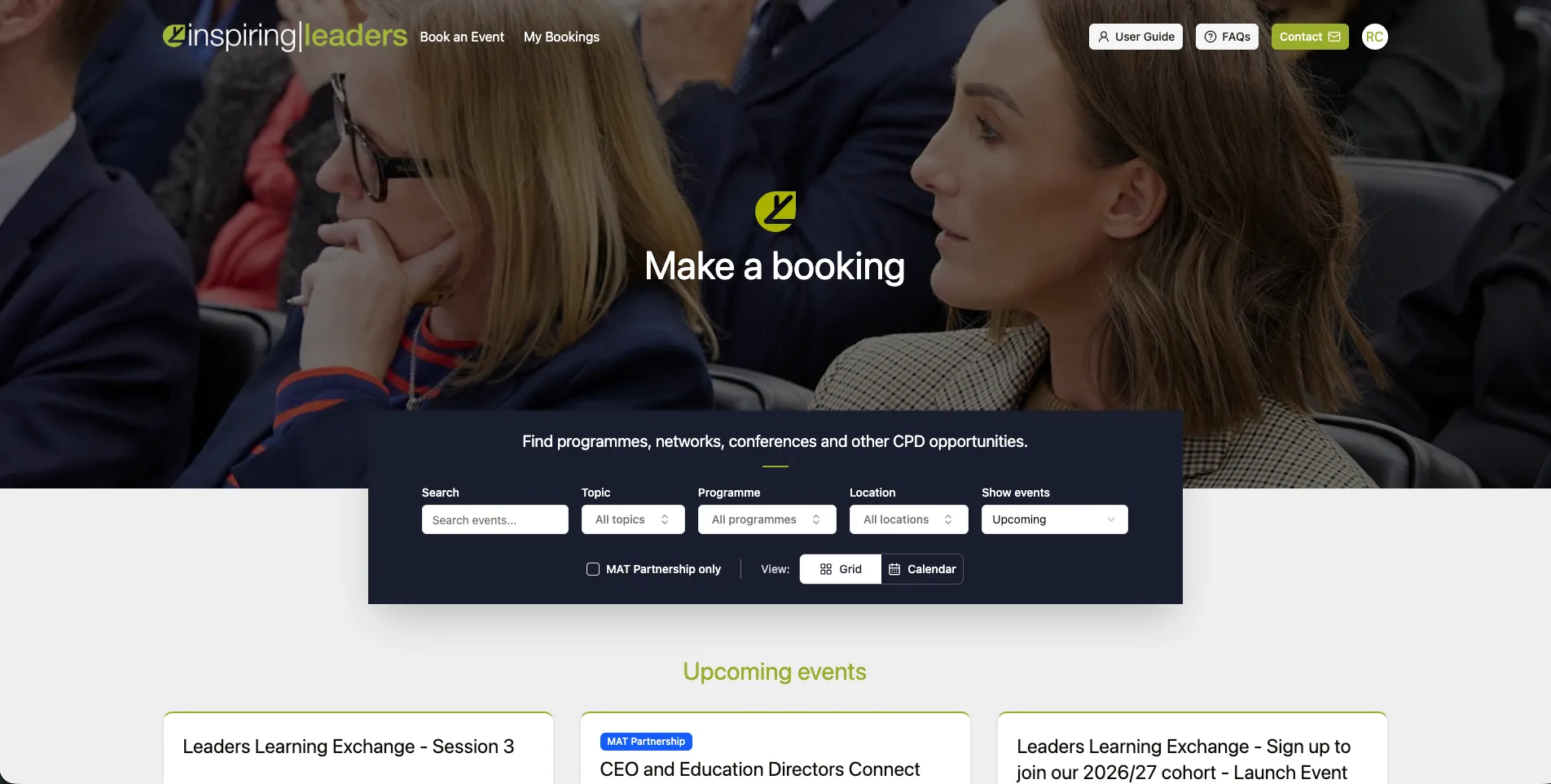 The Inspiring Leaders Today booking home: a “Make a booking” hero over a photograph of delegates, above a search-and-filter bar and a row of upcoming events.