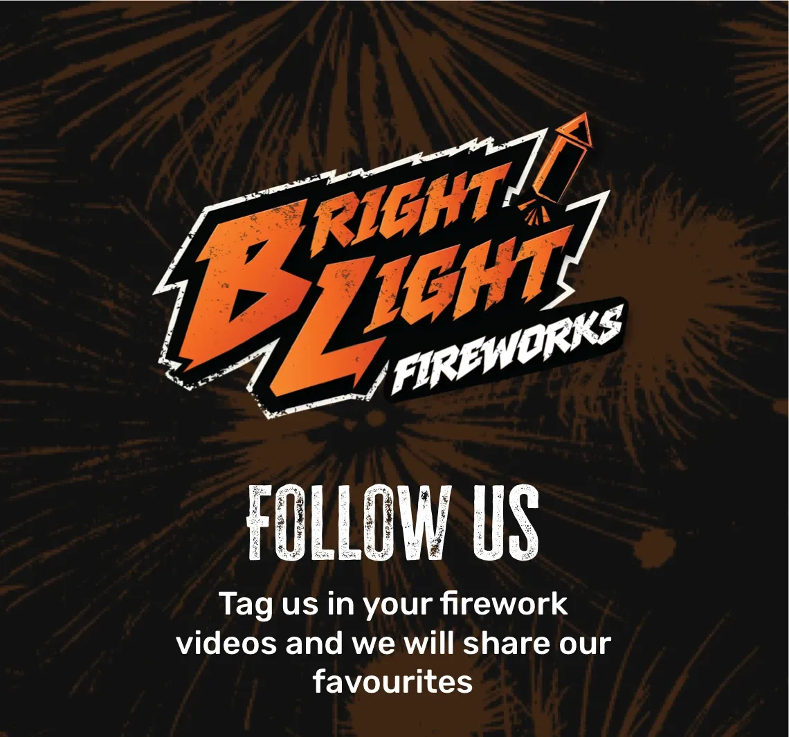 A5 social flyer artwork: the Bright Light Fireworks logo above the words Follow us, on a dark firework burst