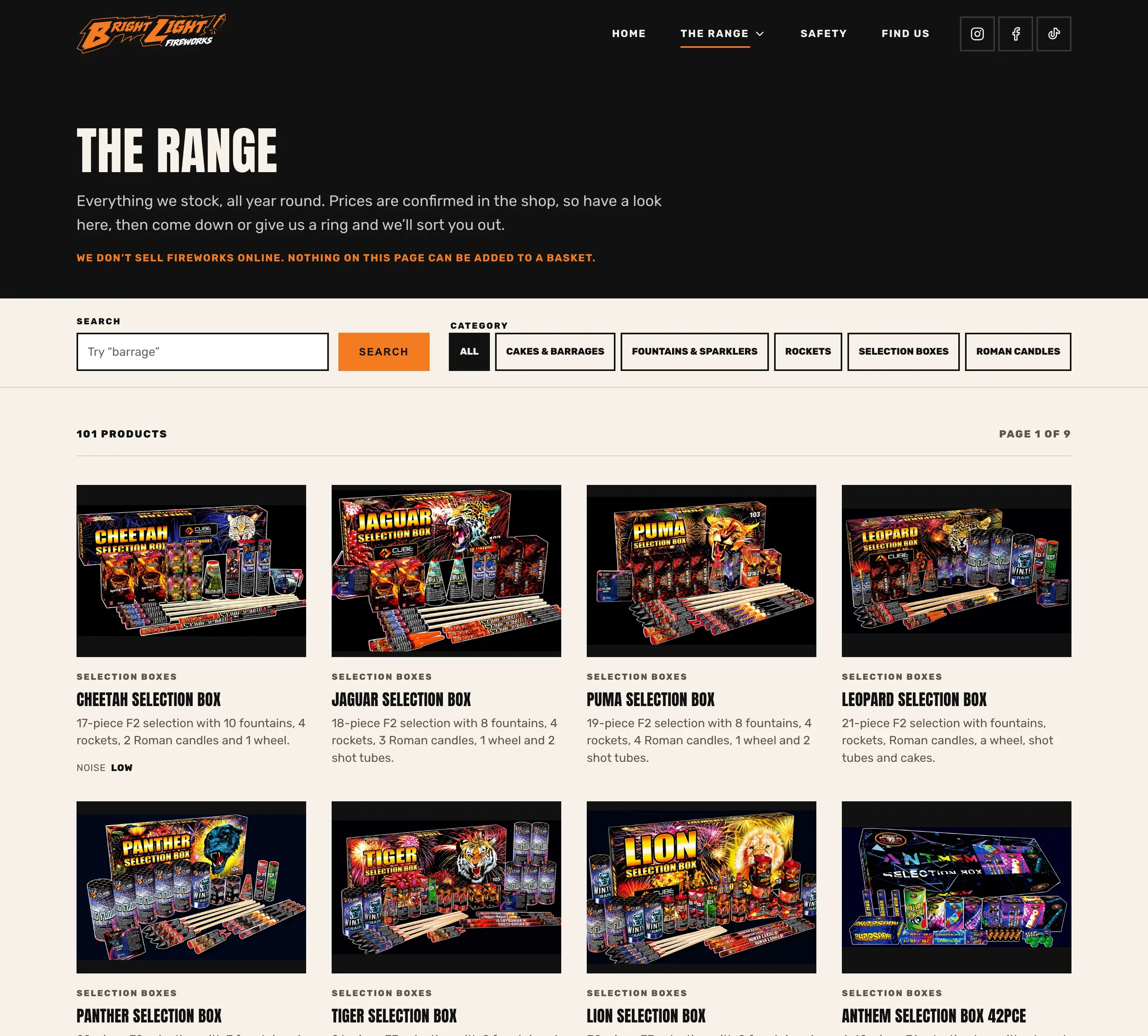 The range page: a search box and category filters above a grid of selection boxes, with the heading 101 products and a note that nothing on the page can be added to a basket